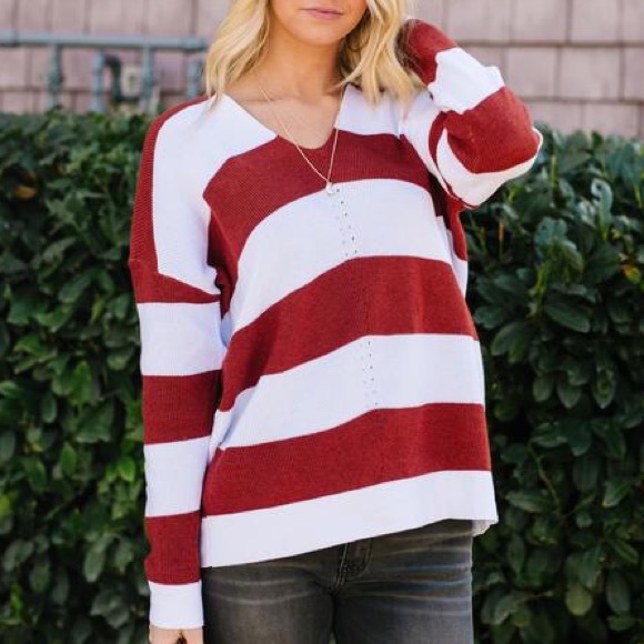 Room With A View Striped V-Neck Sweater in Rust - Picture 6 of 8